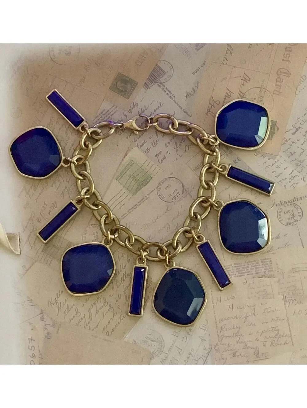 Vintage Heavy Quality Chic Gold Chain Bracelet with Deep Blue Geometric Charms